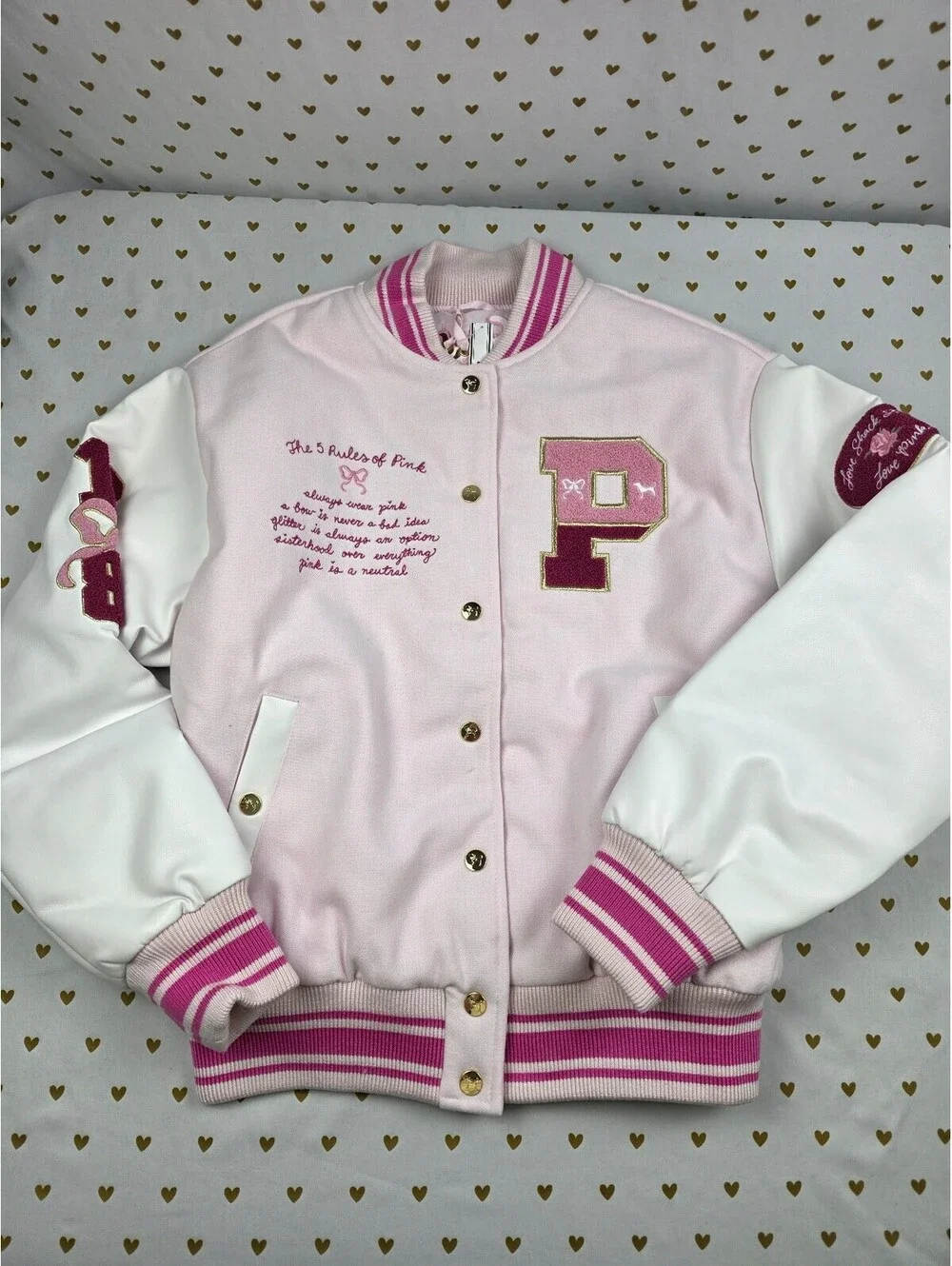 NWT Victoria's Secret PINK LoveShackFancy Varsity Jacket Pink LARGE NEW HTF